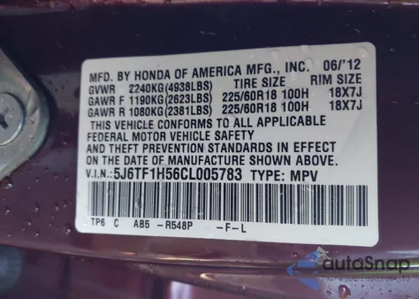 2012 Honda Crosstour Ex-L z USA, uszkodzony, nr VIN 5J6TF1H56CL005783